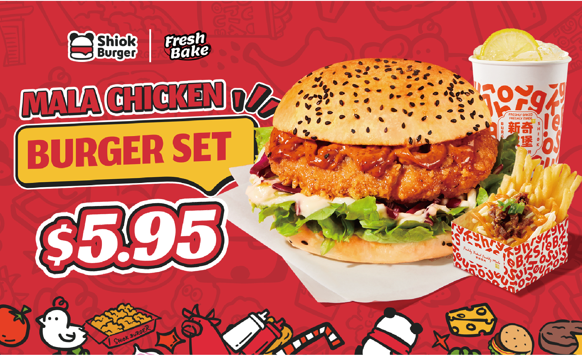 [Shiok Burger] Mala Chicken Burger Set for just $5.95!